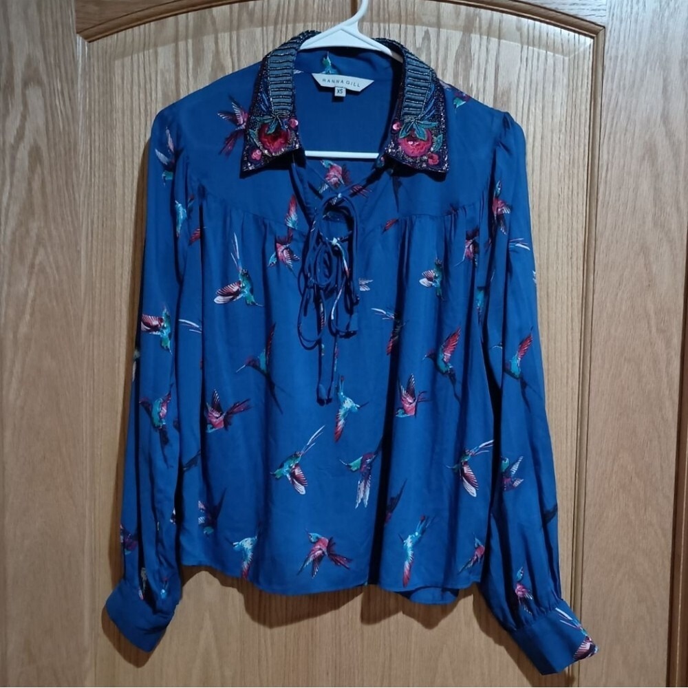 Ranna Gill Anthropology Audubon XS embroidered sequin collar hummingbirds blue